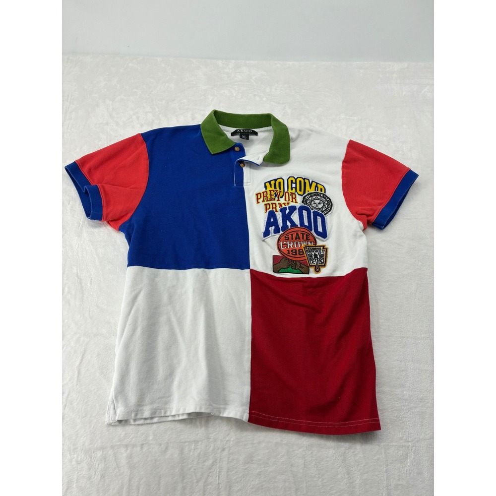 AKOO‎ Polo Shirt Kids XL Polo Red White Blue Colorblock Graphic Patch Streetwear